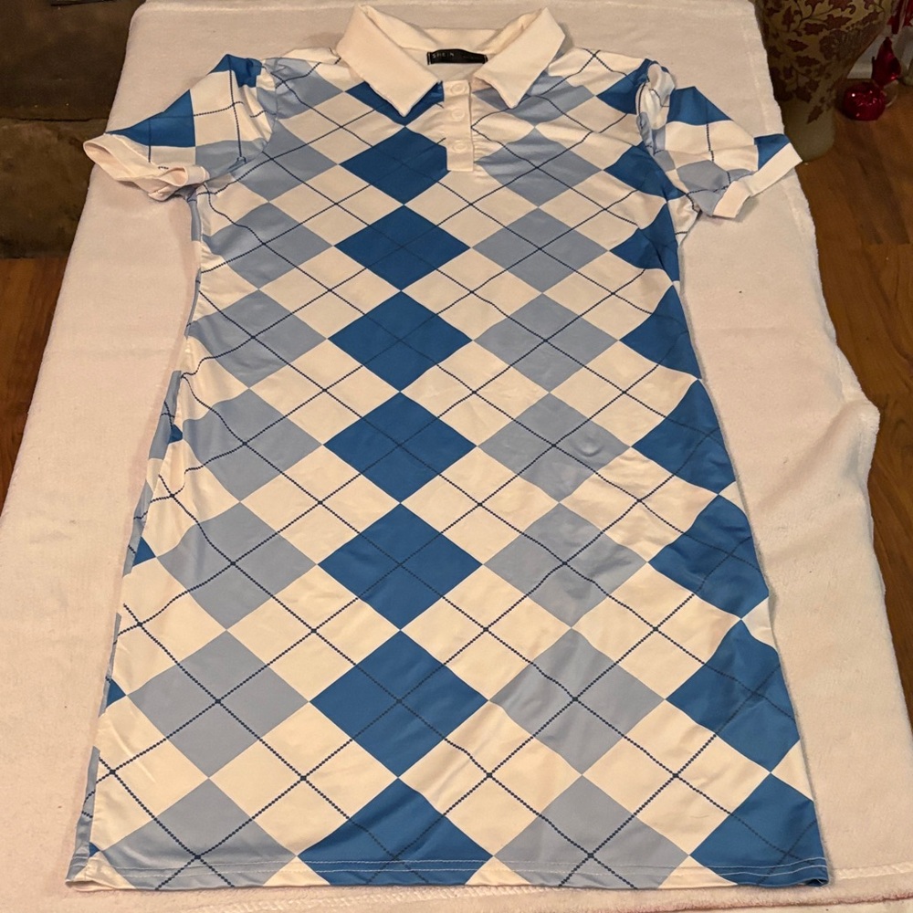 SHEIN White Polo Dress with Blue Argyle Detail